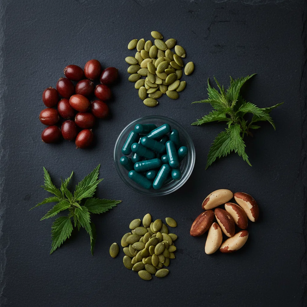 Flat-lay of botanical supplement ingredients - saw palmetto berries, pumpkin seeds, brazil nuts for men's wellness